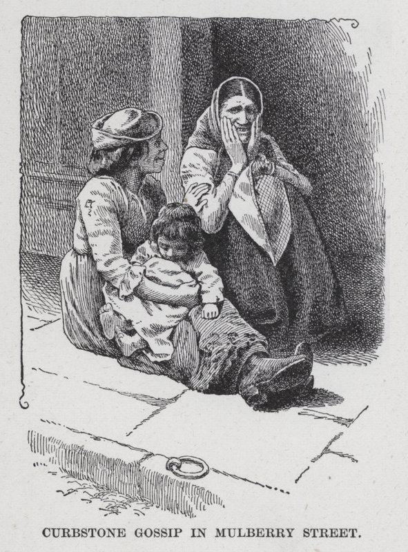 Bavardage sur le trottoir à Mulberry Street (lithographie) - American School