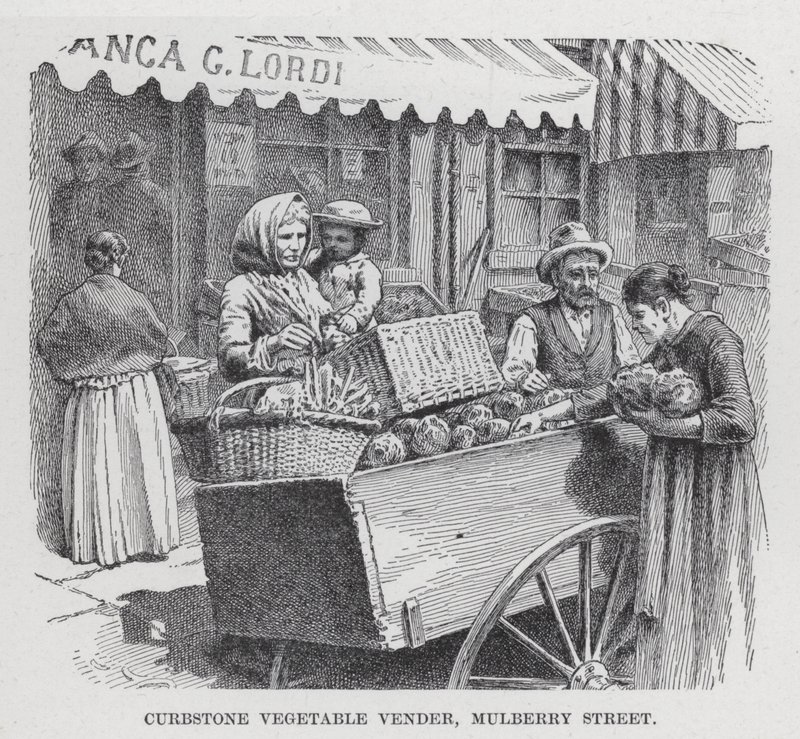 Vendeur de légumes sur le trottoir, Mulberry Street (lithographie) - American School