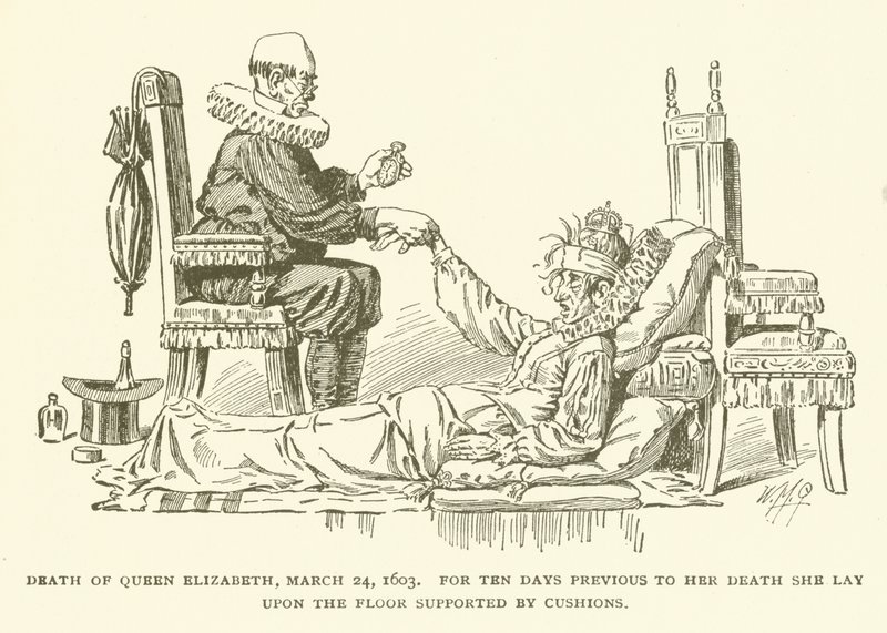 Mort de la reine Élisabeth, 24 mars 1603, Pendant dix jours avant sa mort, elle est restée allongée sur le sol soutenue par des coussins - American School
