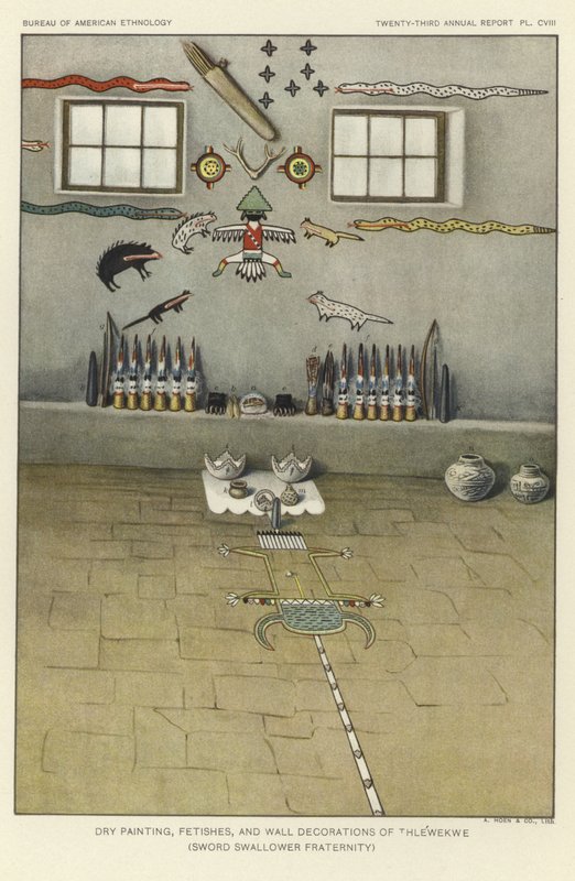 Peinture sèche, fétiches et décorations murales des Thlewekwe (confrérie des avaleurs de sabres) (lithographie couleur) - American School