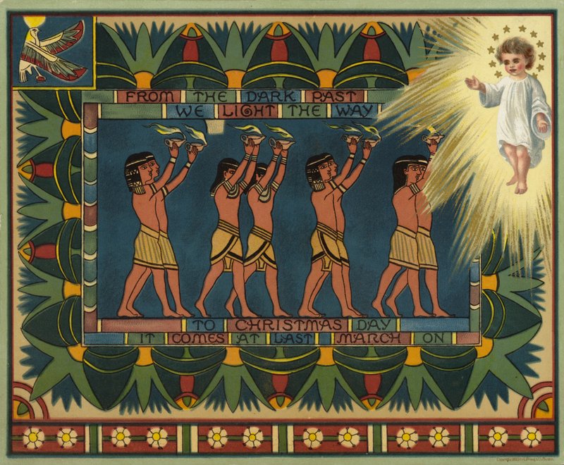 Carte de Noël à thème égyptien, montrant comment le passé a conduit à Jésus-Christ - American School