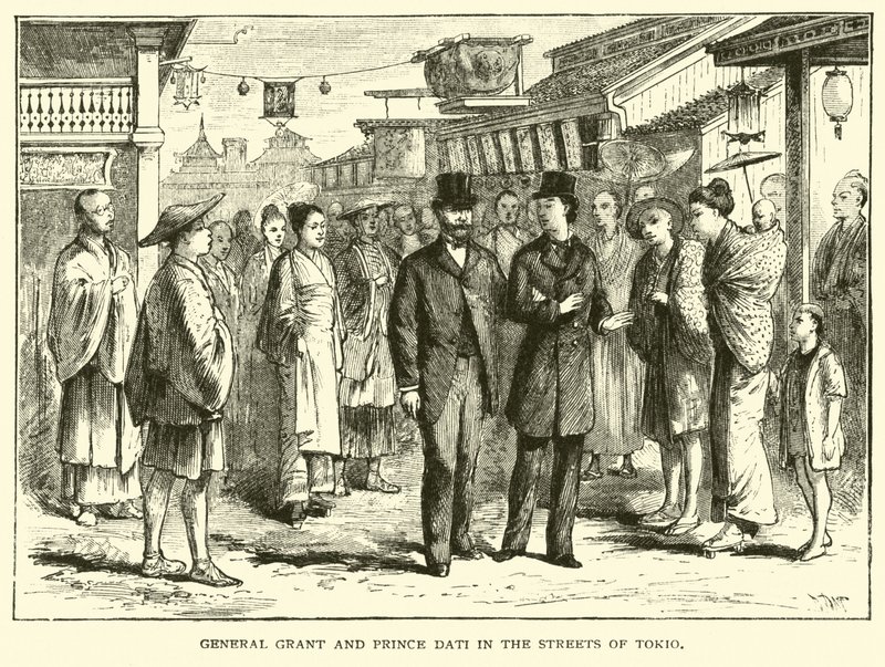 Le général Grant et le prince Dati dans les rues de Tokyo - American School