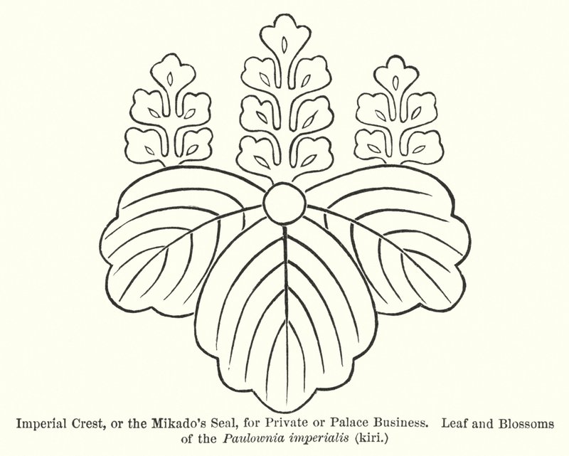 Crest impérial, ou sceau du Mikado, pour affaires privées ou de palais, feuille et fleurs du Paulownia imperialis, kiri - American School
