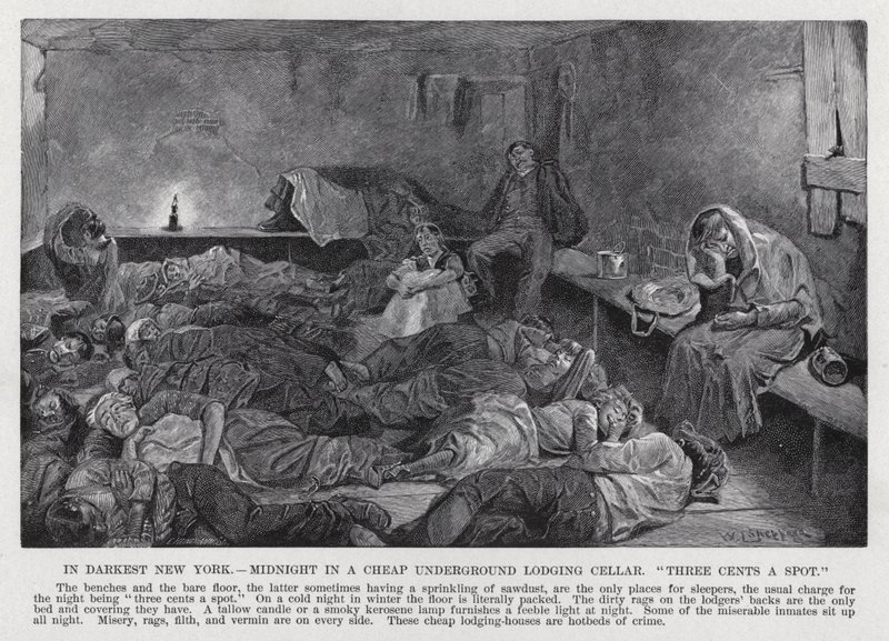 Dans le New York le plus sombre, minuit dans une cave de logement bon marché, "trois cents la place" (lithographie) - American School
