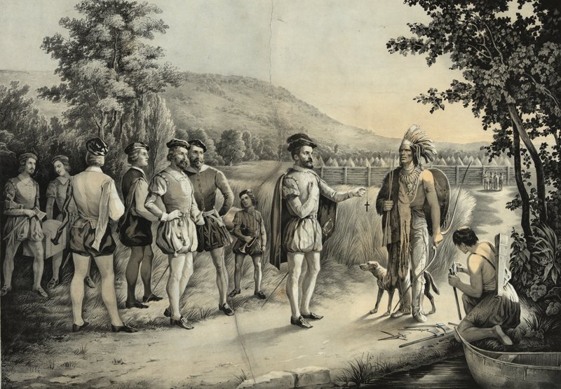 Jacques Cartier, sa première rencontre avec les Indiens à Hochelaga maintenant Montréal en 1535, vers 1850 - American School