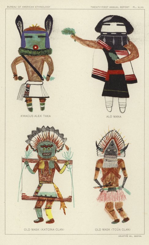 Kwacus Alek Taka, Alo Mana, Vieux masque (clan Katcina), Vieux masque (clan Tcua) (lithographie couleur) - American School