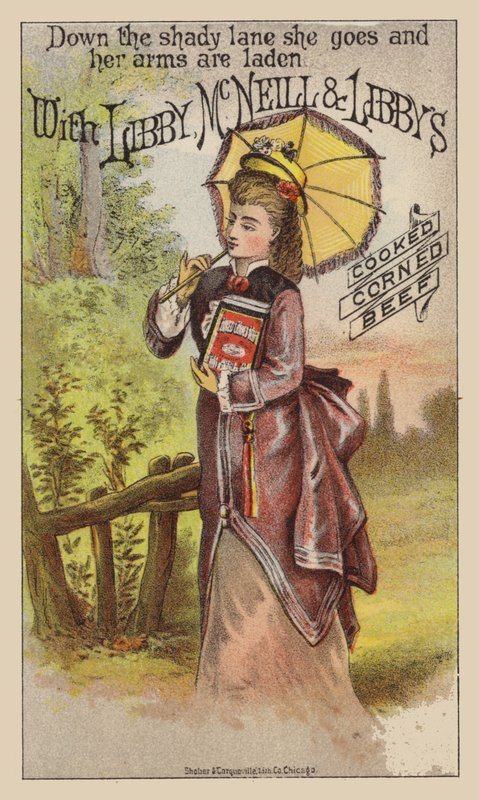 Dame marchant avec une grande boîte de corned-beef - American School
