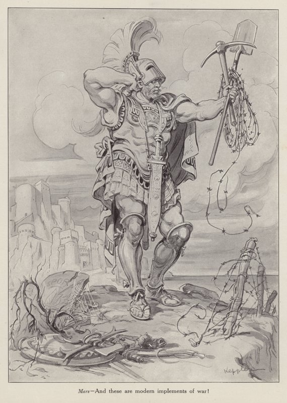 Mars, le dieu romain de la guerre, tenant des pelles et du fil de fer barbelé utilisés dans la guerre des tranchées (litho) - American School