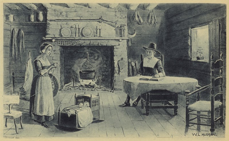 Maison de pionniers de la Nouvelle-Angleterre (litho) - American School