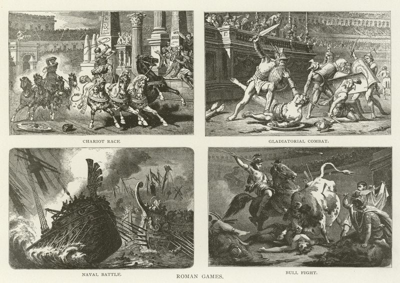 Jeux romains, course de chars, combat de gladiateurs, bataille navale, corrida - American School