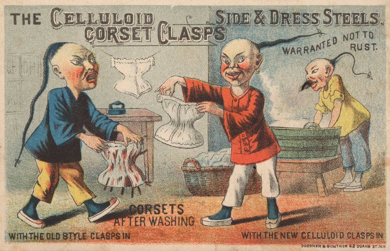 Scène dans une blanchisserie chinoise, publicité pour les agrafes de corset en celluloïd - American School