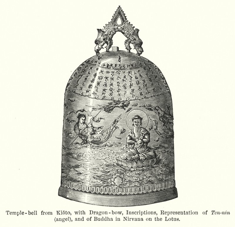 Cloche de temple de Kyoto, avec arc de dragon, inscriptions, représentation de Ten-nin, ange, et de Bouddha en Nirvana sur le lotus - American School