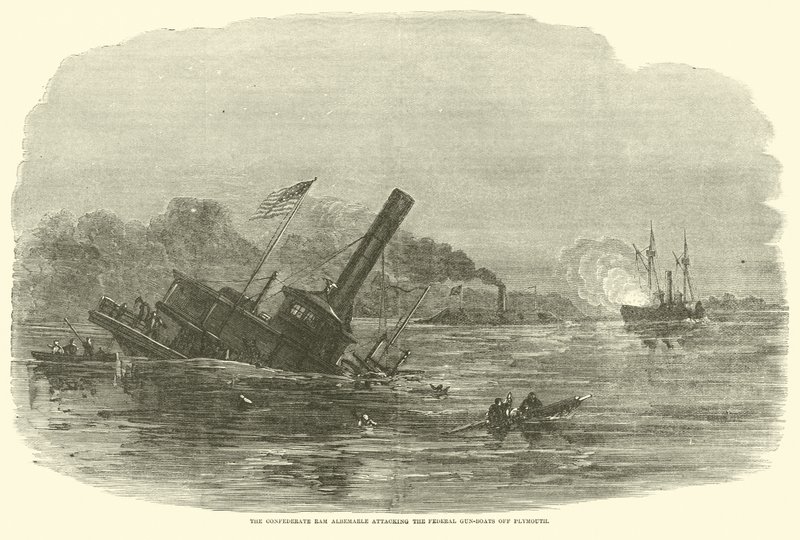 Le bélier confédéré Albemarle attaquant les canonnières fédérales au large de Plymouth, octobre 1864 - American School