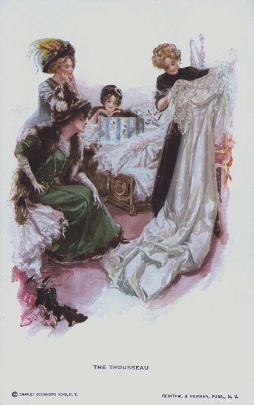 Le trousseau : une future mariée regarde une robe de mariée (lithographie couleur) - American School