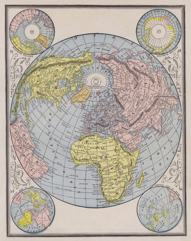 Carte du monde montrant les continents, les régions polaires et les changements de niveaux de la mer - American School