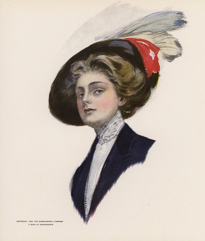 Jeune femme portant un chapeau avec des plumes - American School