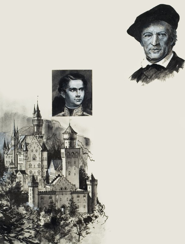 Louis II de Bavière et son château de Neuschwanstein (gouache sur papier) - Andrew Howat