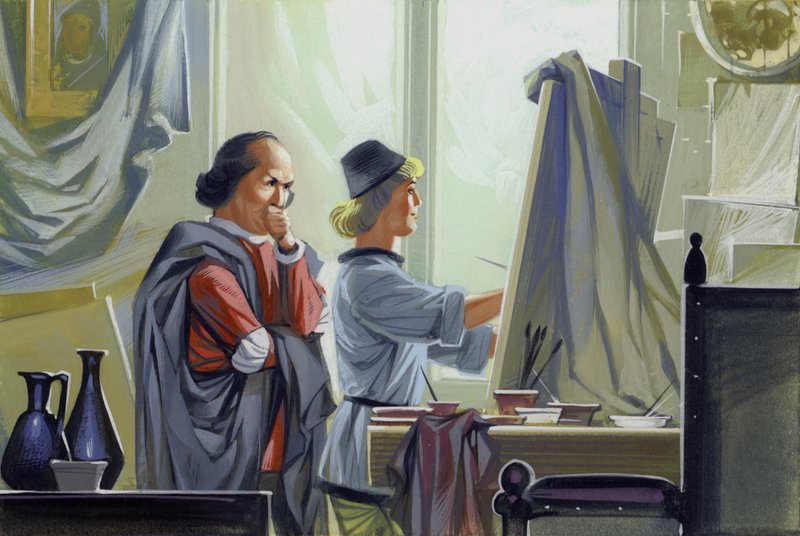Un jeune Léonard de Vinci assistant son maître Verrocchio pour Le Baptême du Christ (gouache sur papier) - Angus McBride