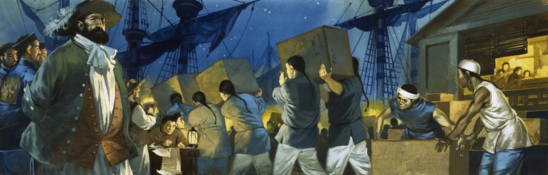 Ouvriers chinois chargeant du thé sur un clipper pour le transporter vers l