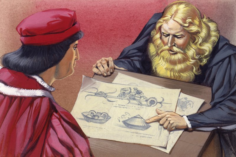 Léonard de Vinci expliquant à Ludovic Sforza les moteurs de guerre possibles (gouache sur papier) - Angus McBride