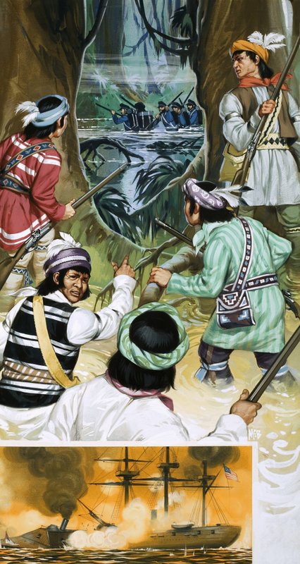 Les Indiens séminoles affrontent les soldats américains dans les marais. - Angus McBride