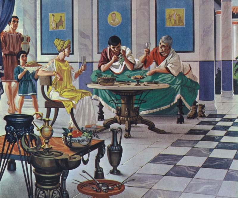 Famille romaine aisée prenant un repas (lithographie couleur) - Angus McBride