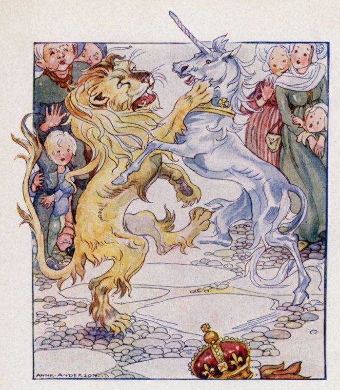 Comptine : Le lion et la licorne (lithographie en couleur) - Anne (after) Anderson