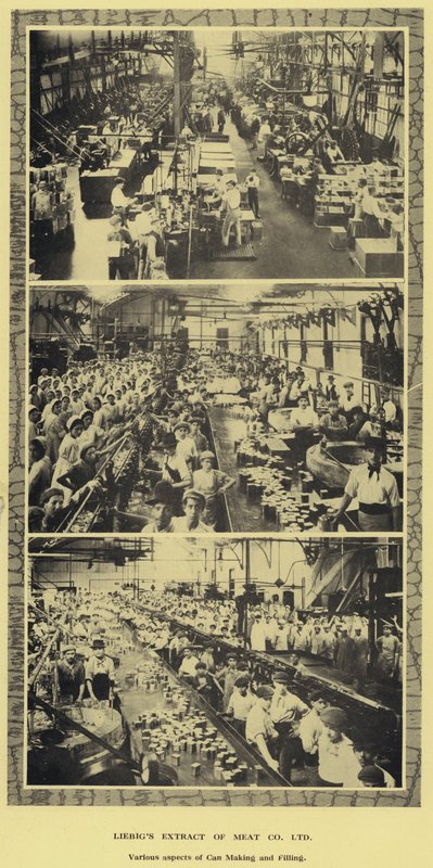 Fabrication et remplissage de boîtes, usine de la Liebig Extract of Meat Company, Ltd, Argentine (photo n/b) - Argentinian Photographer