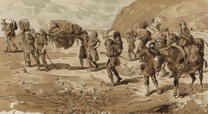 Litière, porteurs et mules chargées, époque des Croisades, 11ème siècle - Armand Jean Heins