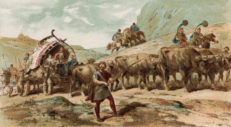 Chariot tiré par des bœufs et escorte de la tribu des Nerviens du nord de la Gaule - Armand Jean Heins