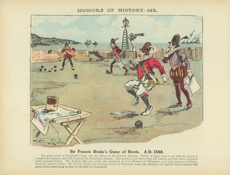 Jeu de boules de Sir Francis Drake. A.D. 1588 (lithographie couleur) - Arthur Moreland