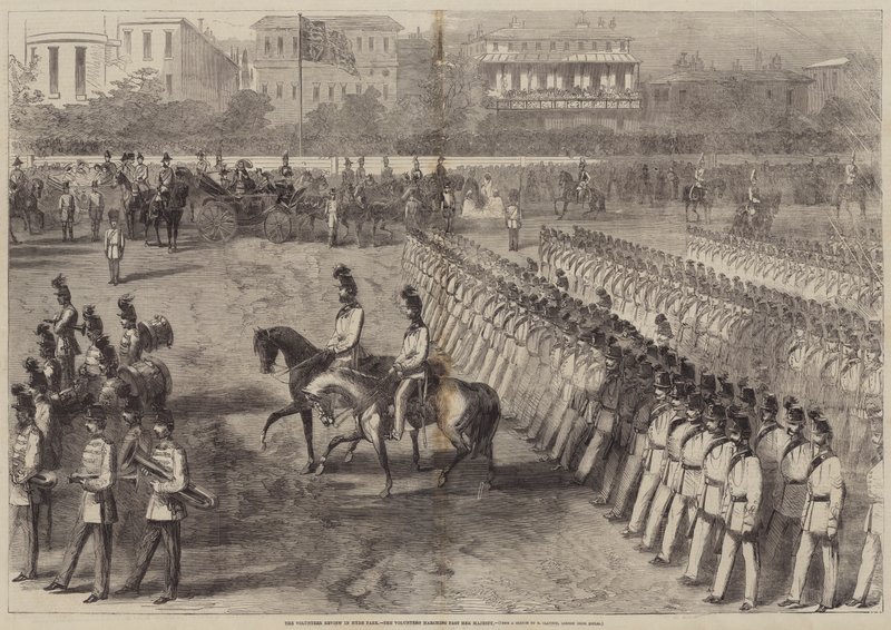 La revue des volontaires à Hyde Park, les volontaires défilant devant Sa Majesté - B. Clayton
