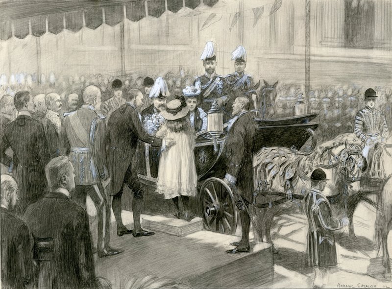 Le roi Édouard VII et la reine Alexandra - Stand du Conseil du comté de Londres à Trafalgar Square, 24 octobre 1902 - Balliol (after) Salmon