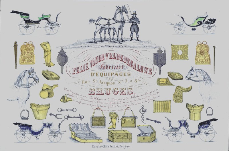 Publicité pour Felix Van de Velde-Decaluwe, fabricants de voitures à cheval, Bruges, Belgique - Belgian School