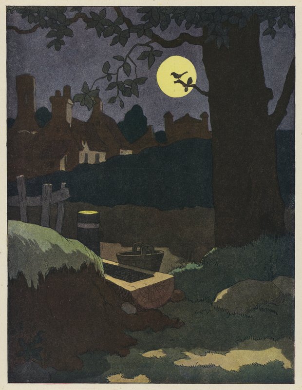 Oiseau sur une branche silhouetté contre la pleine lune - Benjamin Rabier