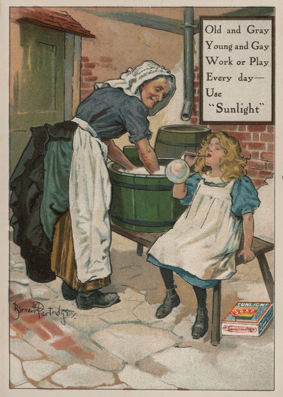 Jeune fille soufflant des bulles tandis que sa grand-mère fait la lessive : publicité pour le savon Sunlight - Bernard Partridge