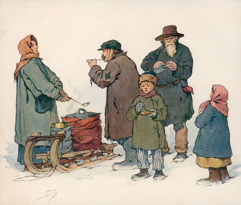 Femme vendant de la soupe chaude dans la rue en Russie soviétique - Boris Vasilievich Zvorykin