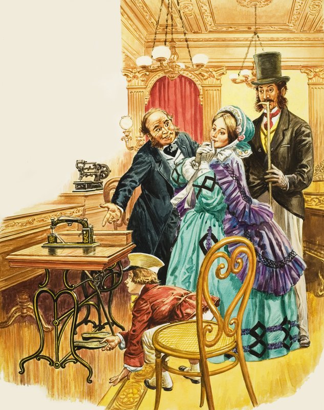 Une dame victorienne admire la nouvelle machine à coudre à pédale dans une salle d