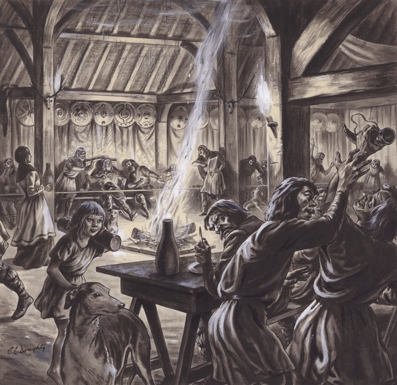 Un festin dans une salle des rois anglo-saxonne (gouache sur papier) - C.L. Doughty