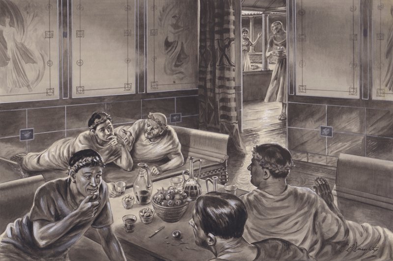 Anglo-Romains mangeant dans le triclinium (gouache sur papier) - C.L. Doughty