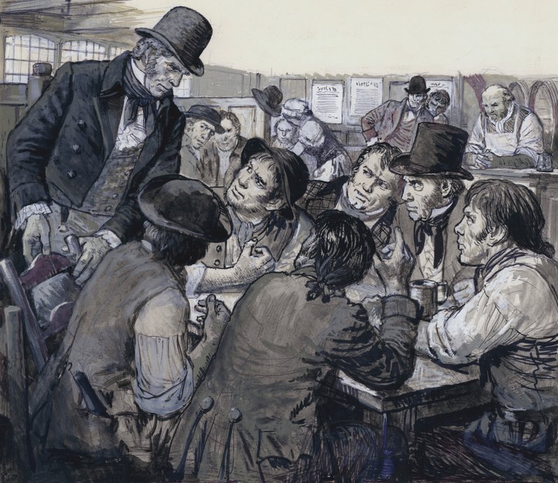 Le colonel Despard recrute des mécontents politiques dans les bas-fonds de Londres (gouache sur papier). - C.L. Doughty