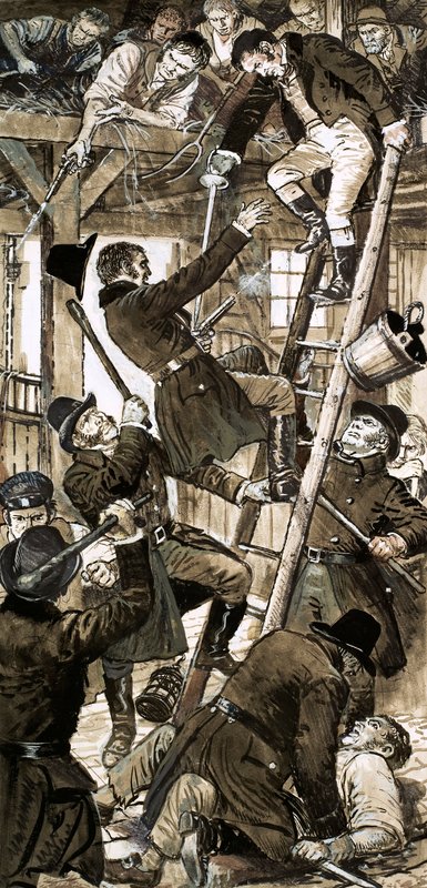 Rencontre entre les officiers de Bow Street et les conspirateurs de Cato Street le 23 février 1820 (gouache sur papier) - C.L. Doughty