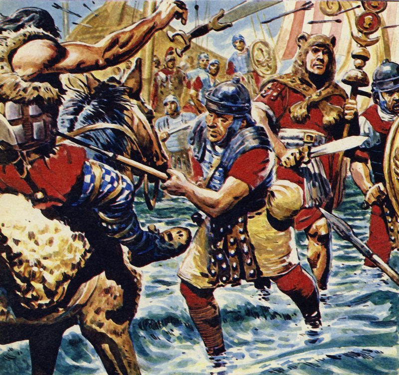 Enflammées par la bravoure du porte-étendard, les autres légions romaines reprennent courage (lithographie en couleurs) - C.L. Doughty