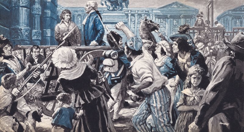 Lavoisier sur le chemin de son exécution (lithographie couleur) - C.L. Doughty