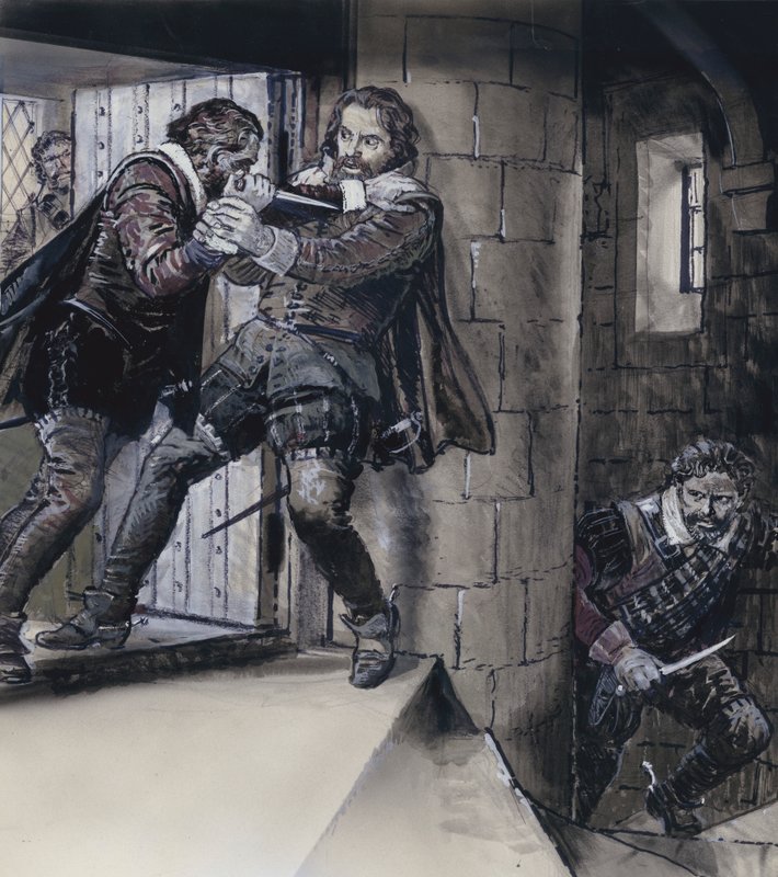 Lord Gowrie dessinant un poignard sur le roi Jacques VI d