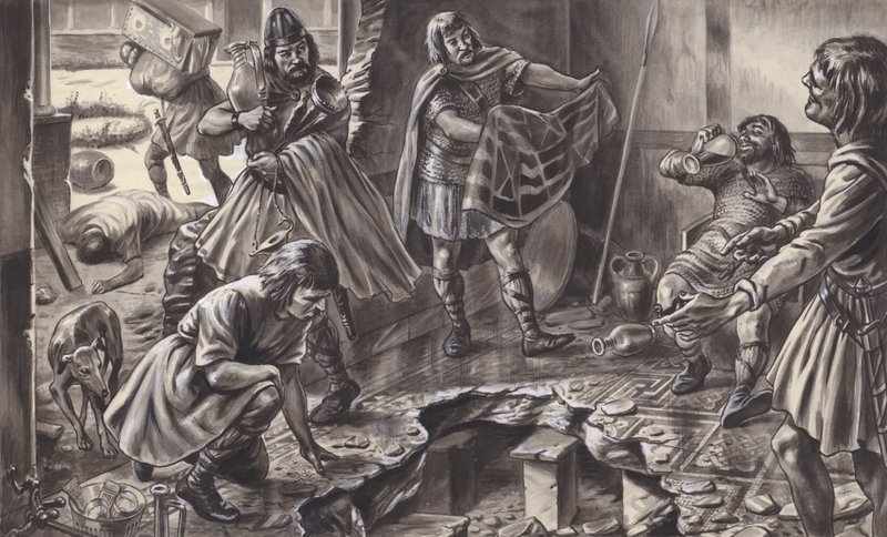 Saxons pillant une ancienne villa romaine (gouache sur papier) - C.L. Doughty