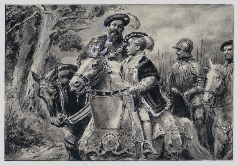 Le Lord Protecteur, le Duc de Somerset, conduit le jeune Roi Edouard VI à Windsor (gouache sur papier) - C.L. Doughty