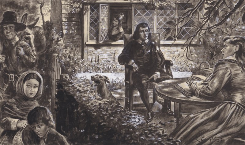 Le poète John Milton dans son jardin, avec ses filles (gouache sur papier) - C.L. Doughty