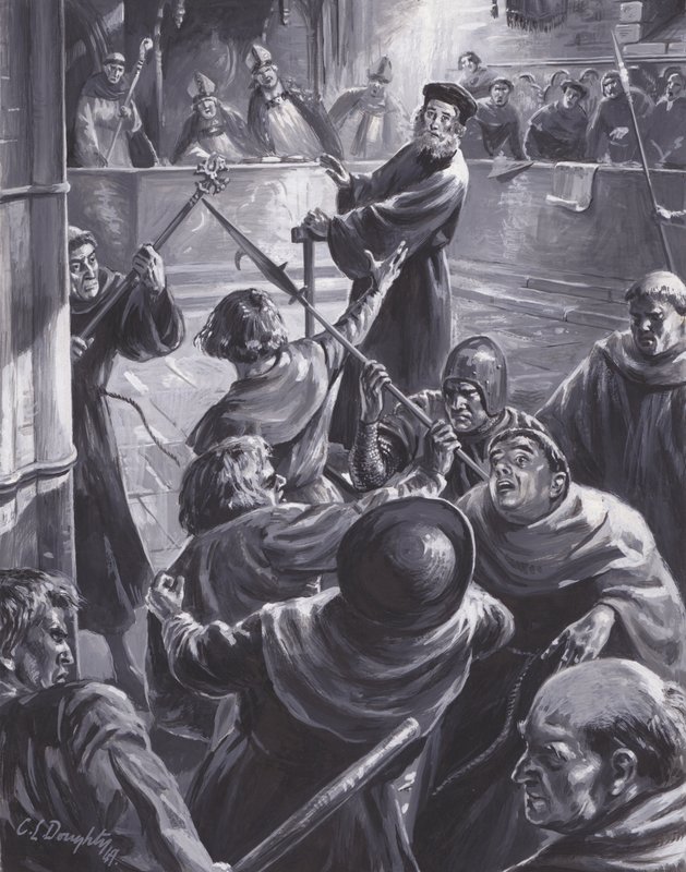 Le procès de John Wyclif, au cours duquel une foule tente de le sauver (gouache sur papier) - C.L. Doughty