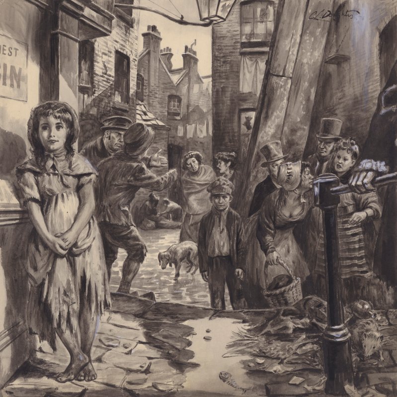 Scène de bidonville victorien (gouache sur papier) - C.L. Doughty